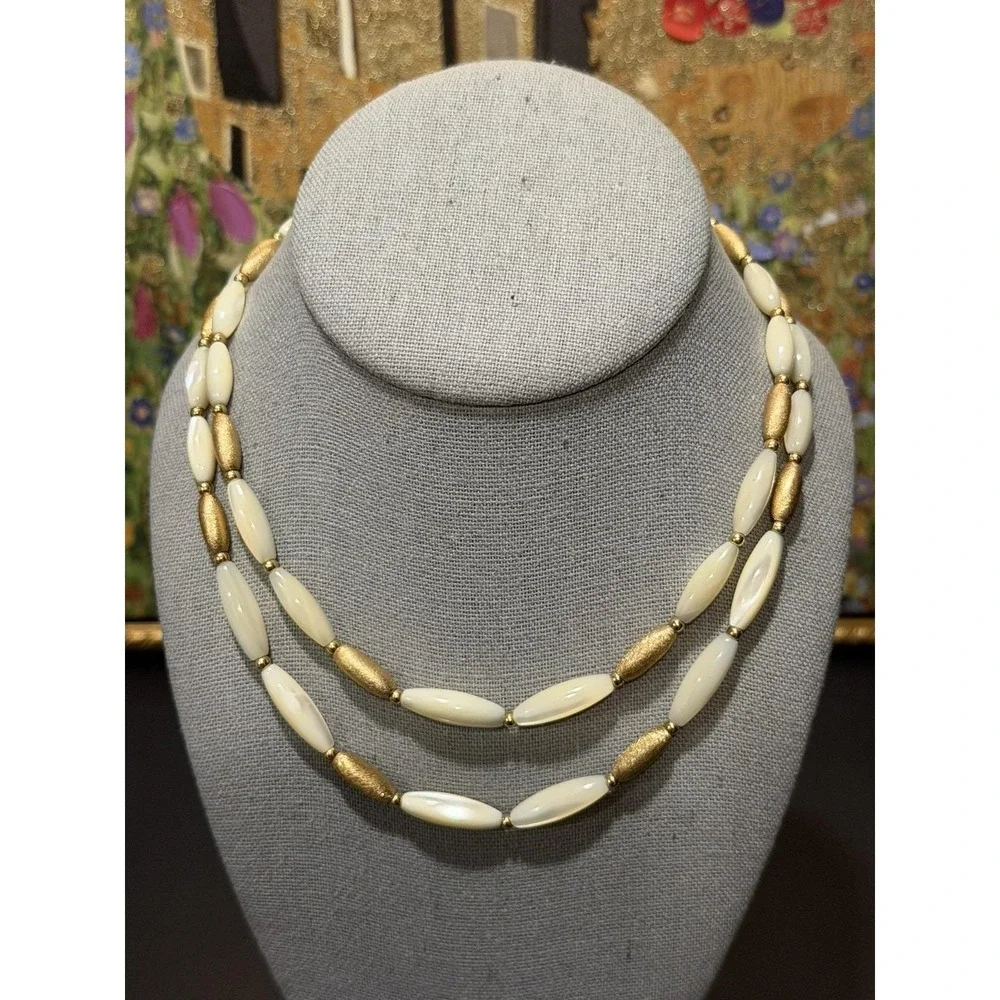 Vintage Napier‎ Double Strand Oblong Mother of Pearl Gold Tone Beded Necklace